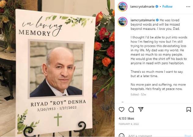 Crystal Marie Denha announcing her father, Riyad Denha's passing. 